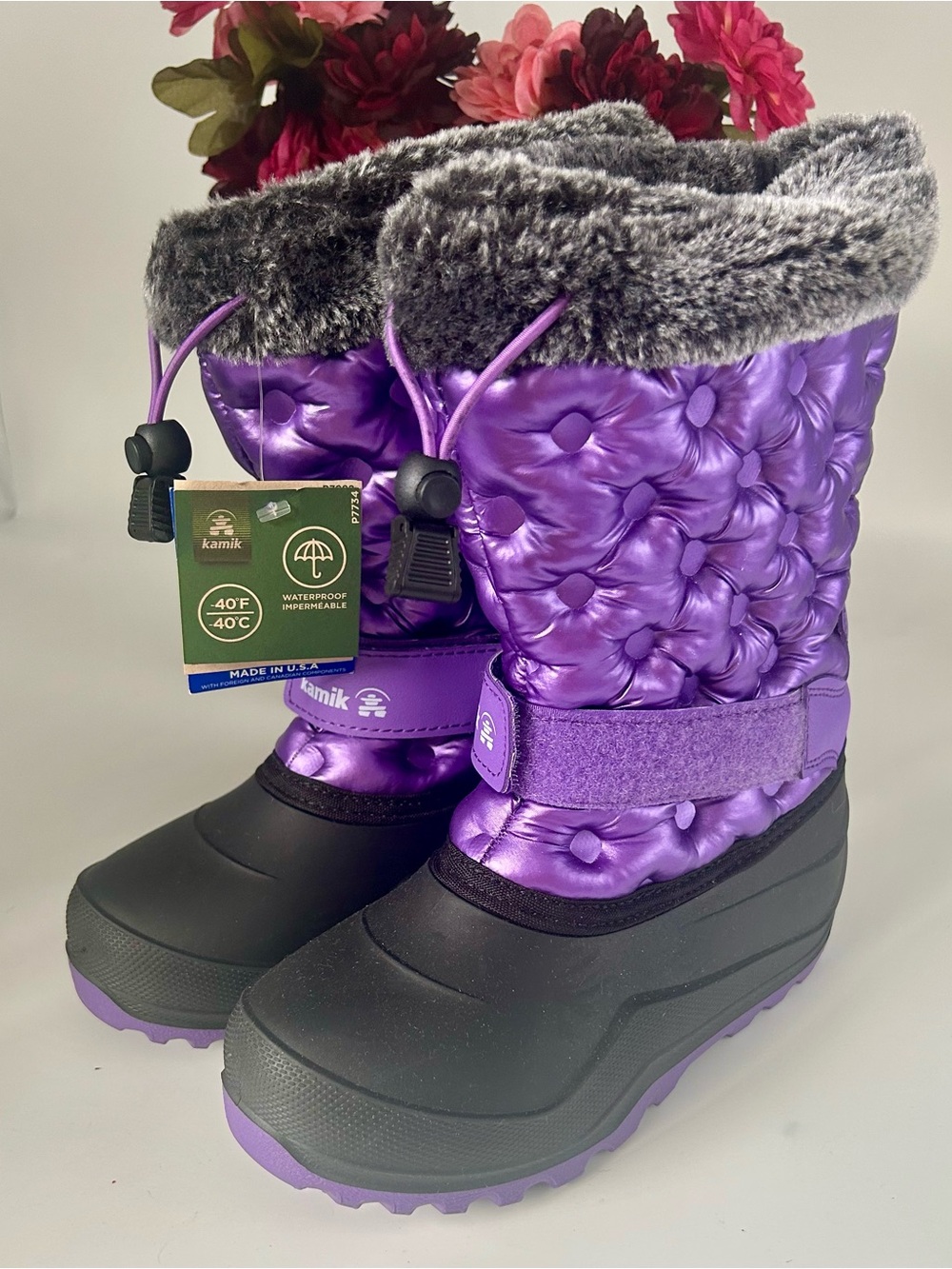 Kamik Purple Quilted Kids Waterproof Winter Boots with Faux Fur Cuff